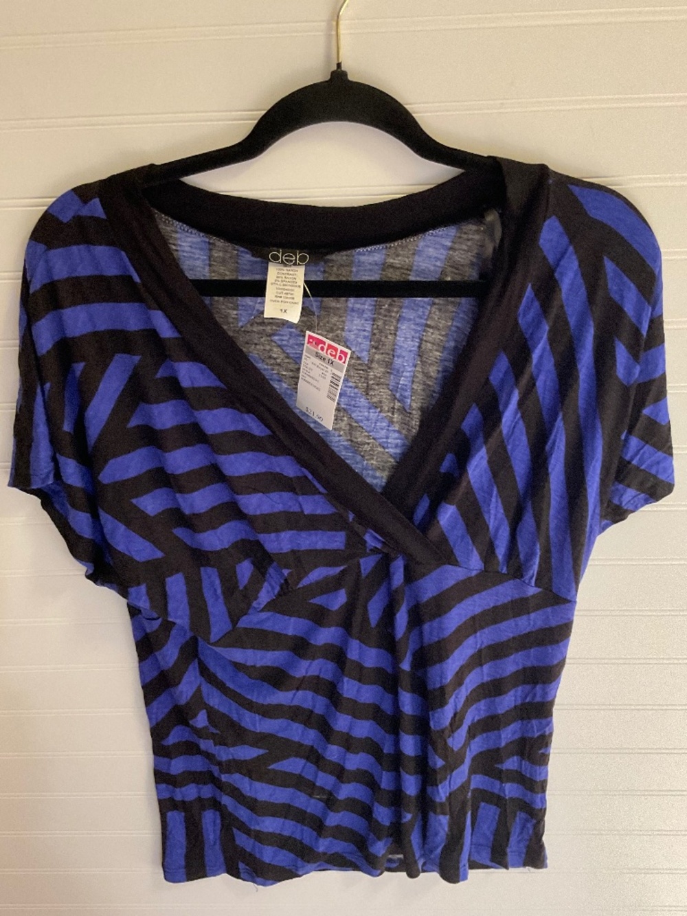 Deb Blue Black Striped Faux Wrap Top. Plus Size 1X. NWT